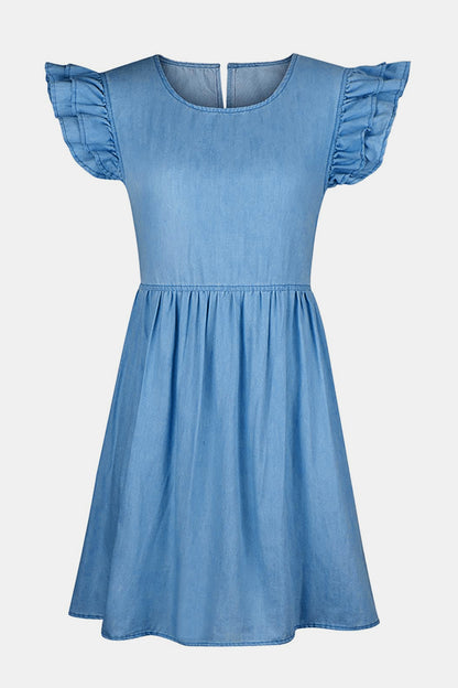 Aura Stylo - Full Size Ruffled Round Neck Cap Sleeve Denim Dress