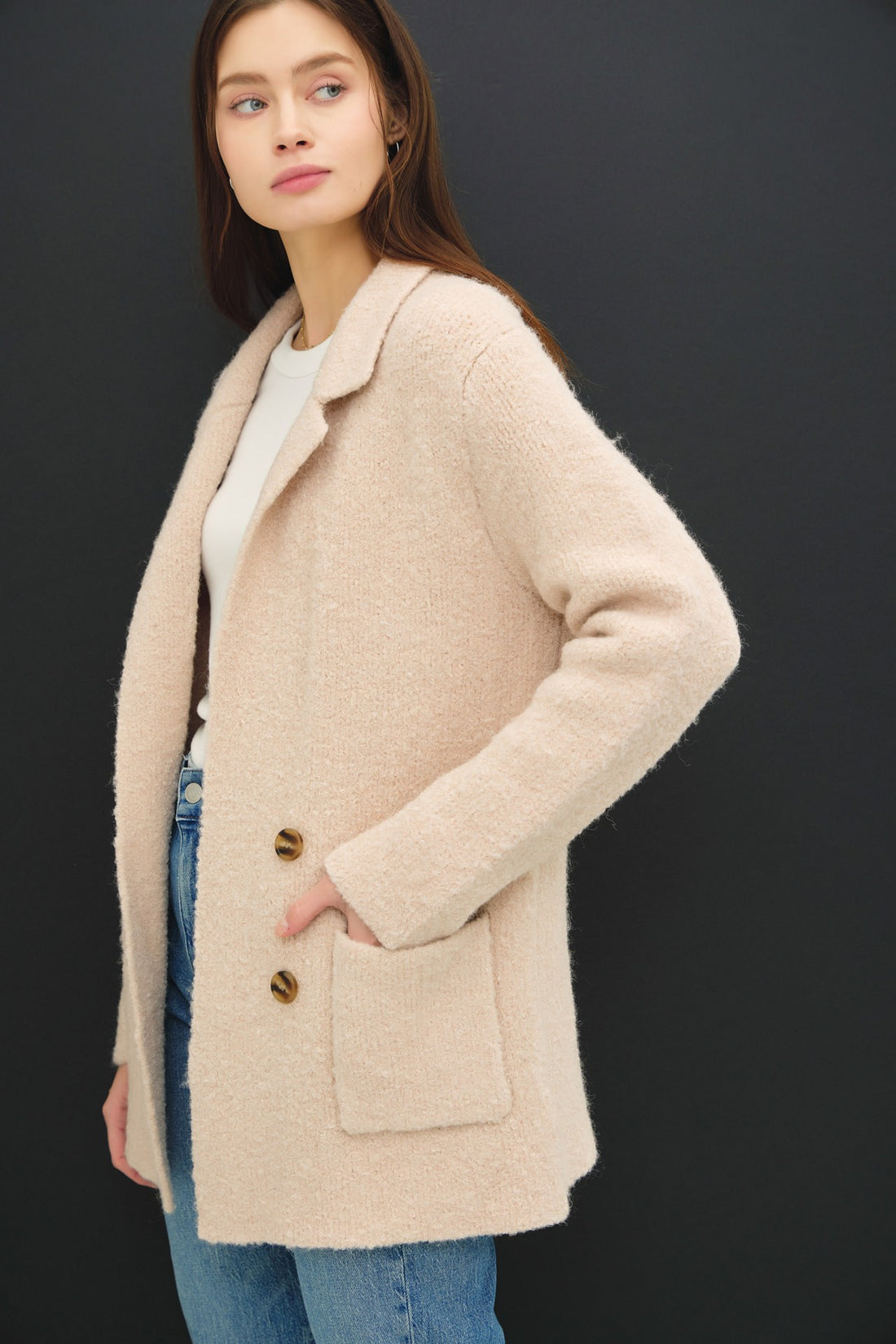  Be Cool Textured Double-Breasted Coat with Pockets