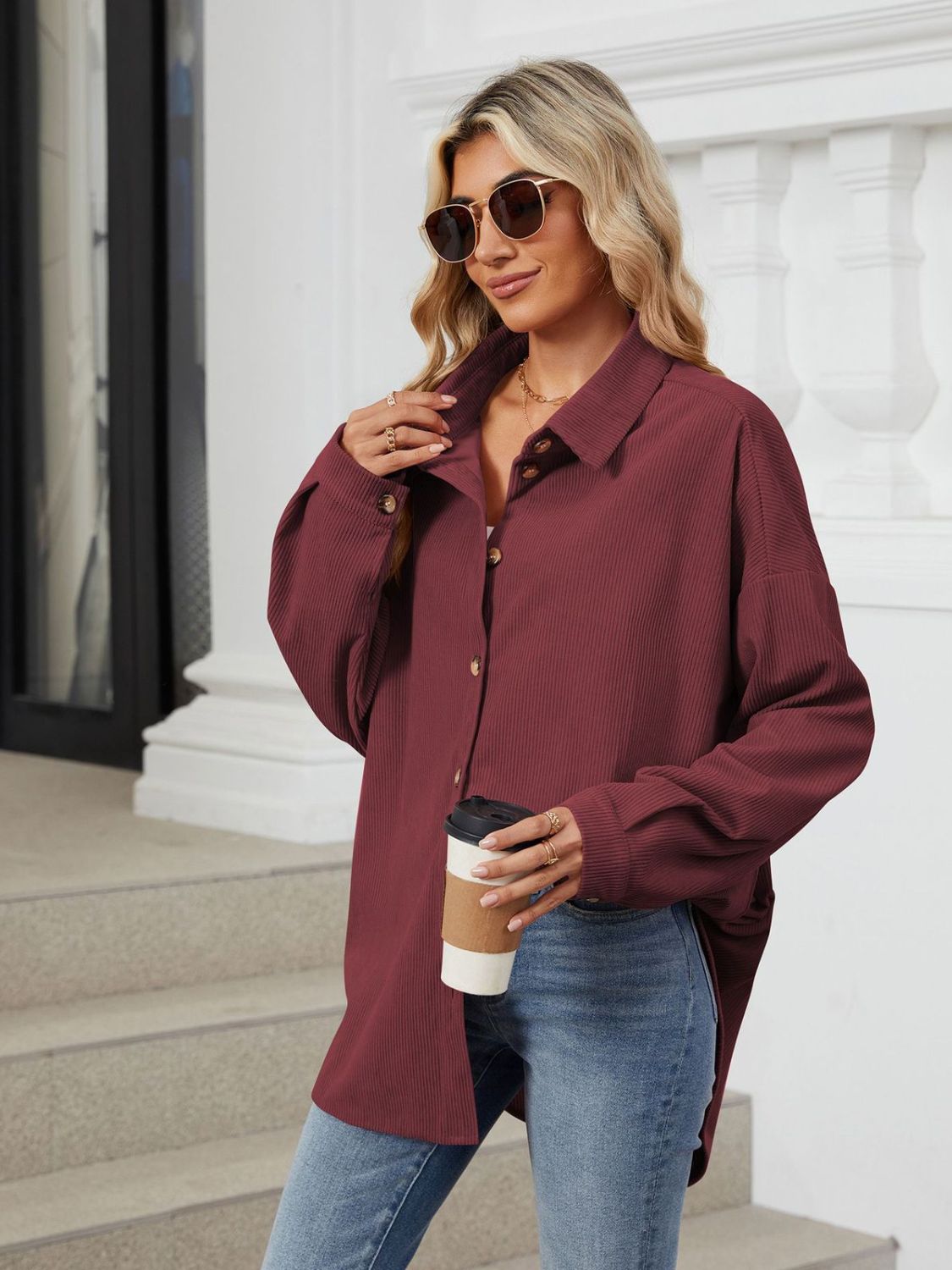 Aura Stylo - Collared Neck Long Sleeve Dropped Shoulder Shirt