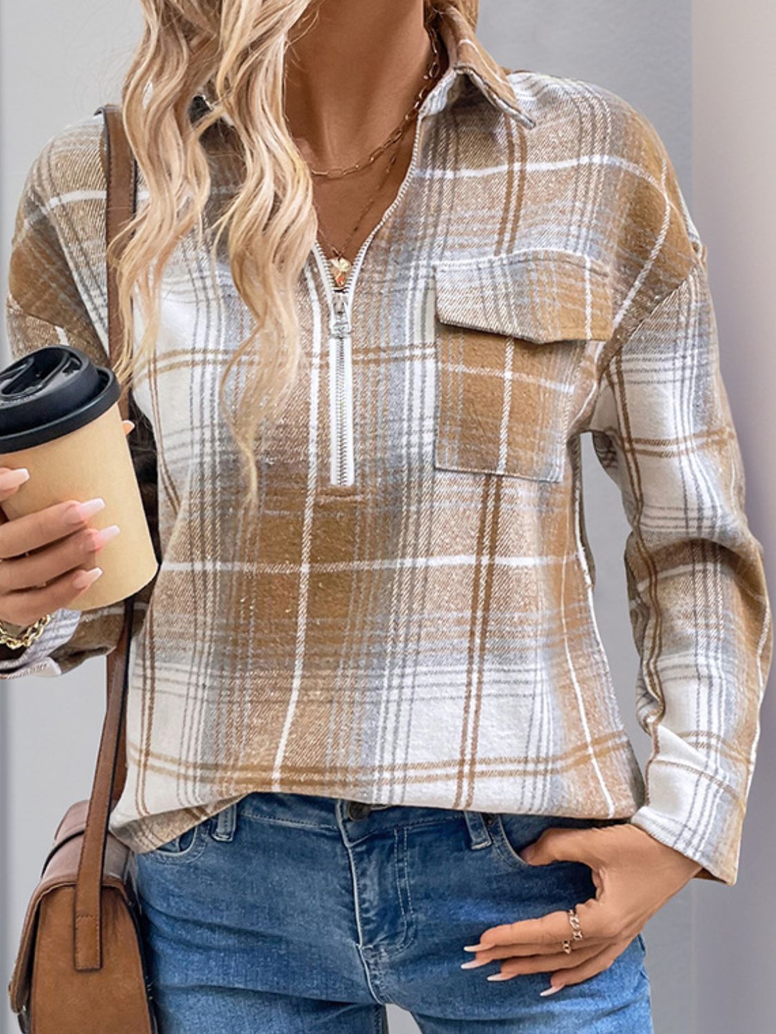 Aura Stylo - Perfee Plaid Collared Neck Half Zip Long Sleeve Top