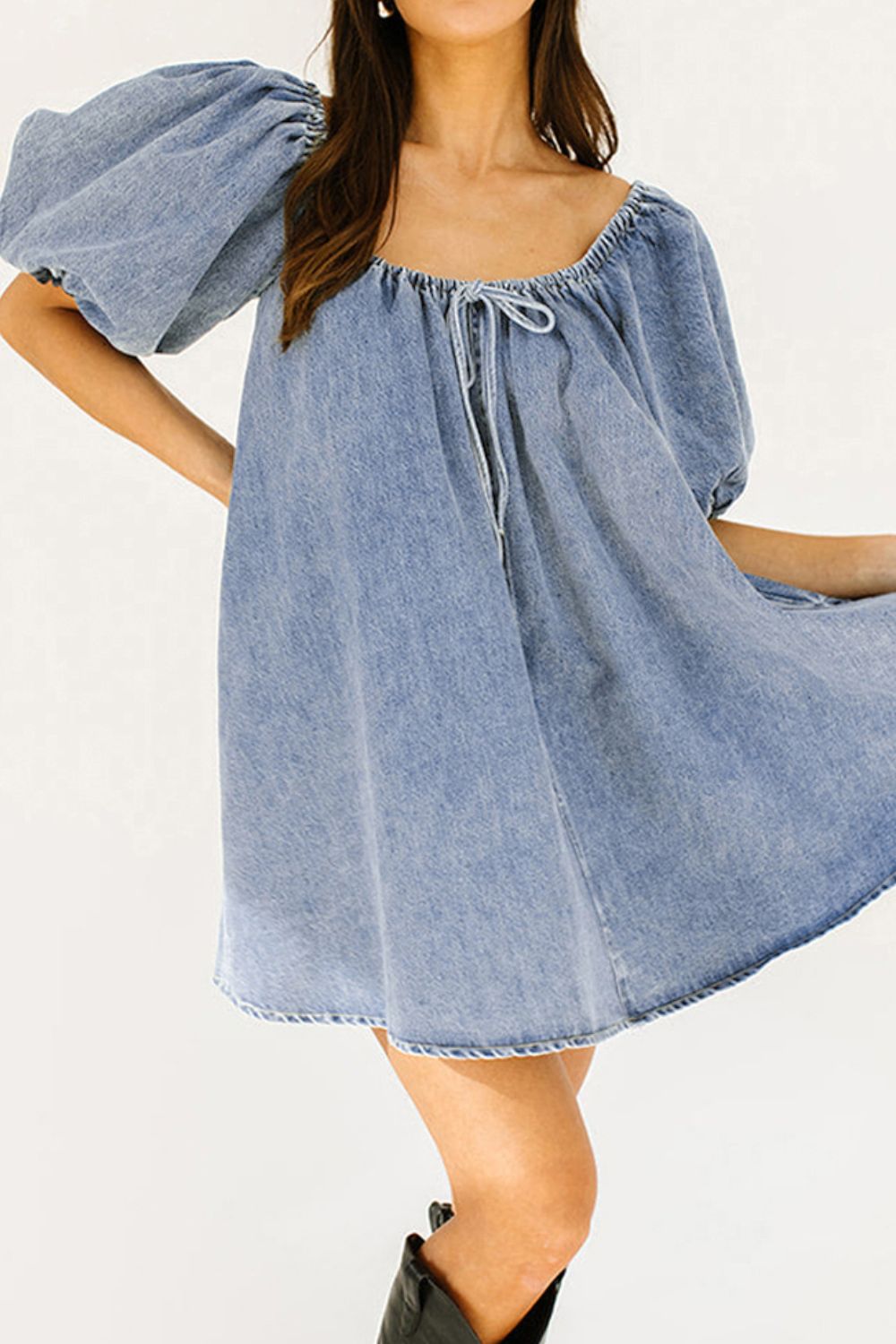 Aura Stylo - Bubble Sleeve Square Neck Denim Babydoll Dress