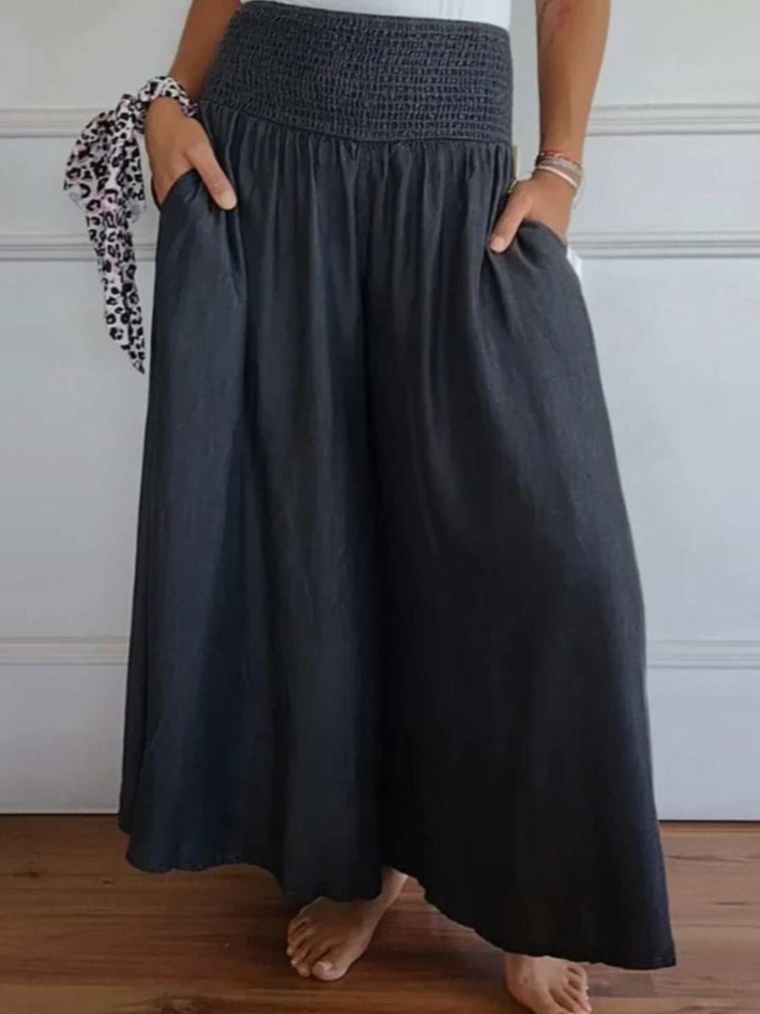 Aura Stylo - Full Size Smocked Wide Leg Pants with Pockets