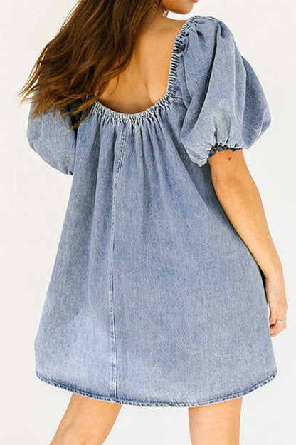 Aura Stylo - Bubble Sleeve Square Neck Denim Babydoll Dress