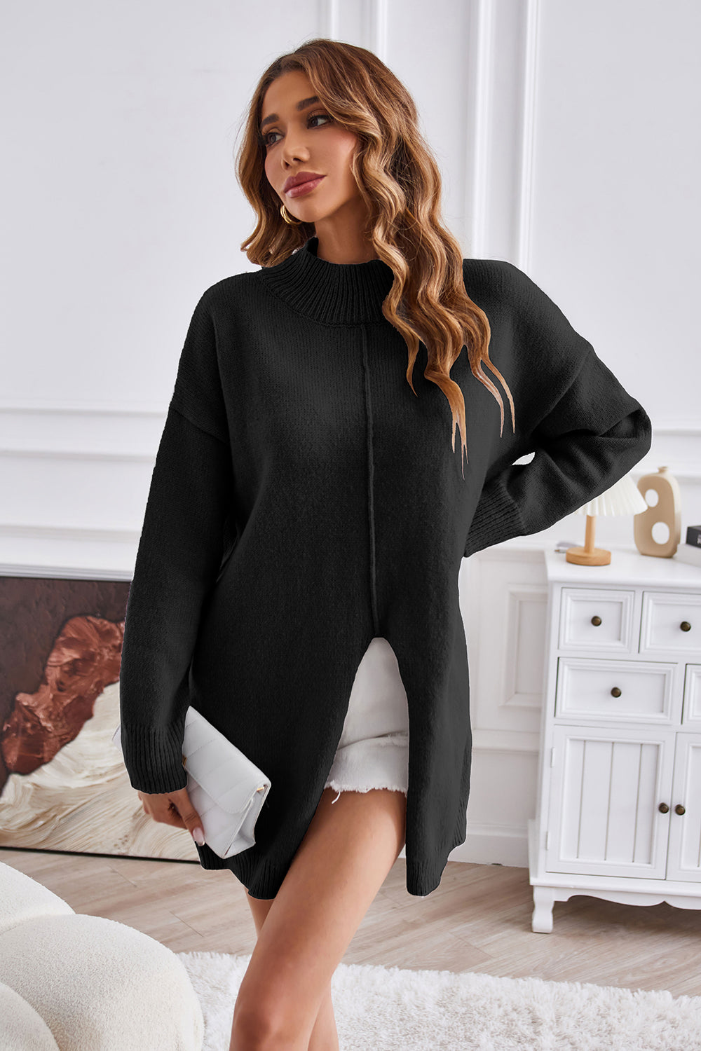 Aura Stylo - Exposed Seam Mock Neck Slit Sweater