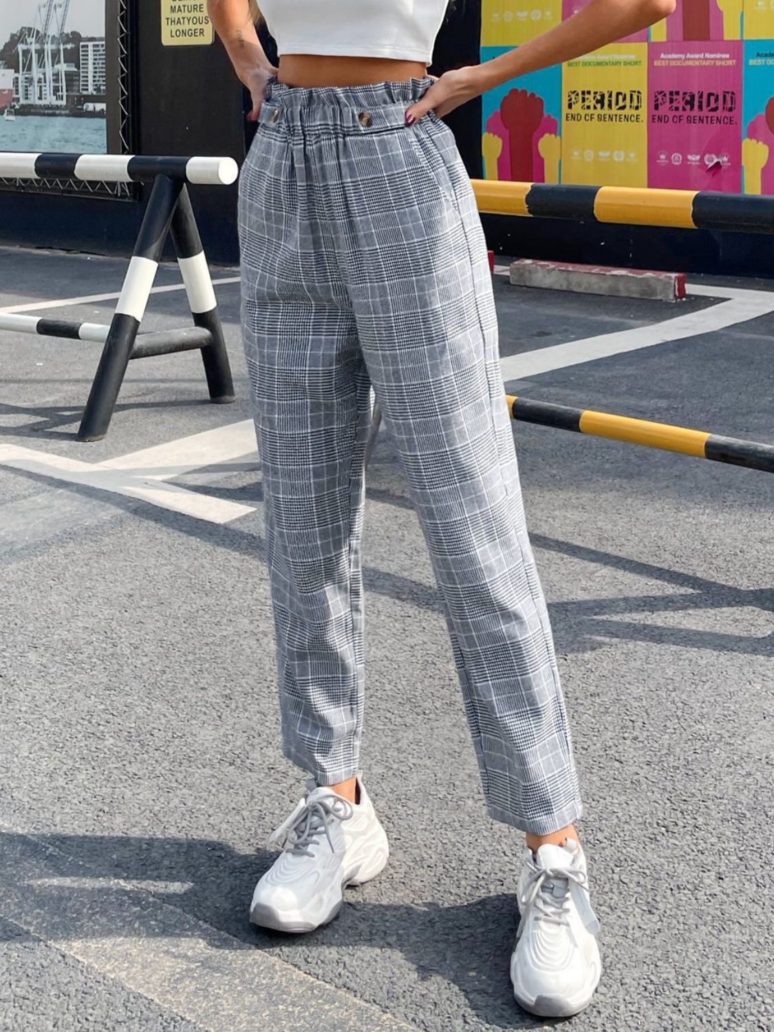 Aura Stylo - Plaid Elastic Waist Straight Pants