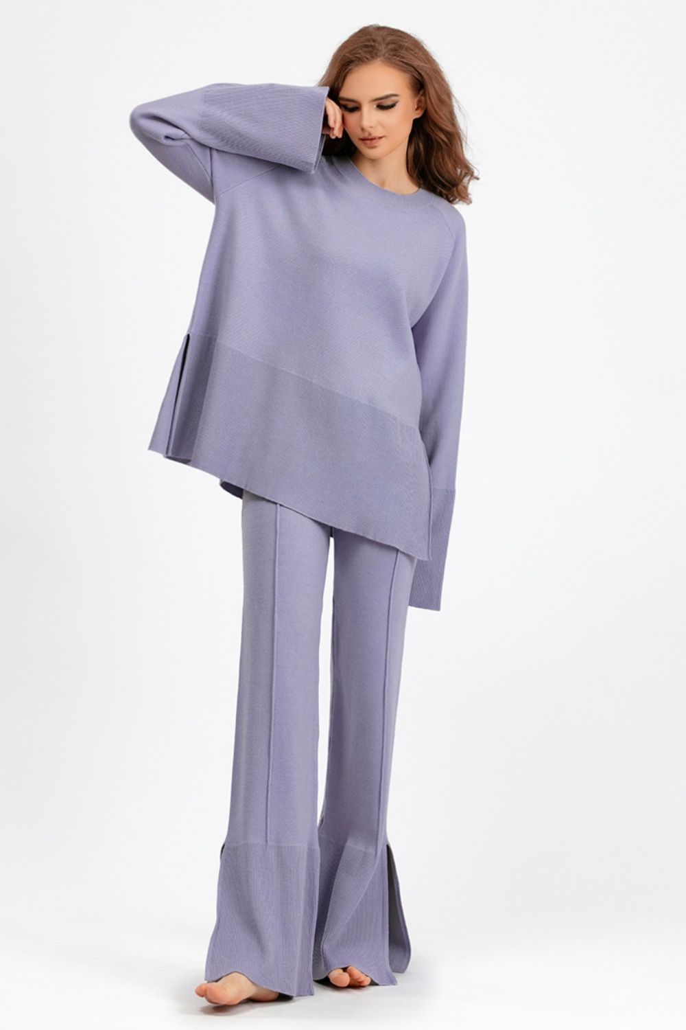 Aura Stylo - Basic Bae Slit Round Neck Long Sleeve Top and Drawstring Pants Sweater Set