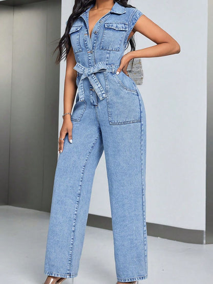 Spaghetti Straps Flare Denim Jumpsuit