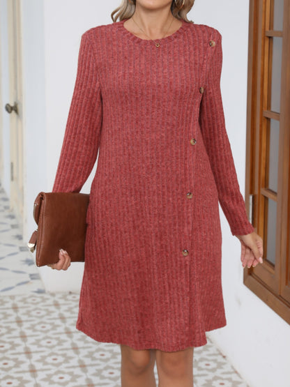 Aura Stylo - Decorative Button Round Neck Long Sleeve Dress