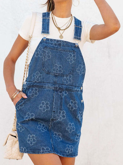 Aura Stylo - Flower Wide Strap Denim Overall Dress with Pockets