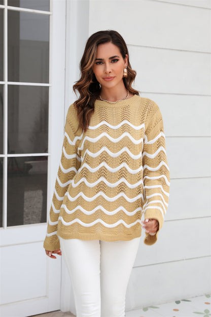 Aura Stylo - Angel Wings Wave Pattern Round Neck Long Sleeve Sweater