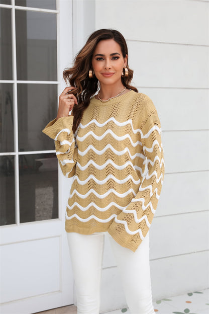 Aura Stylo - Angel Wings Wave Pattern Round Neck Long Sleeve Sweater