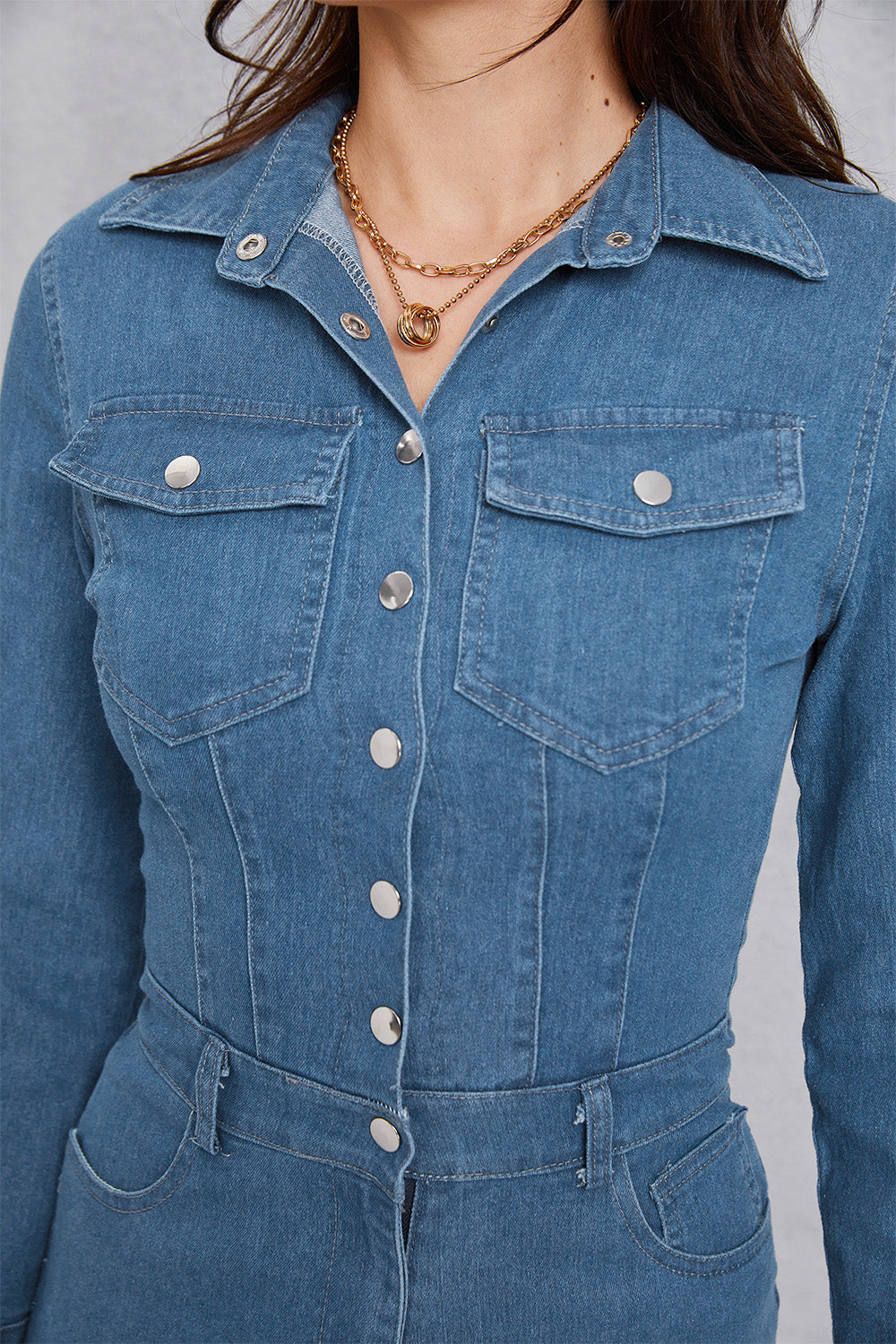 Snap Down Denim Jumpsuit with Pockets