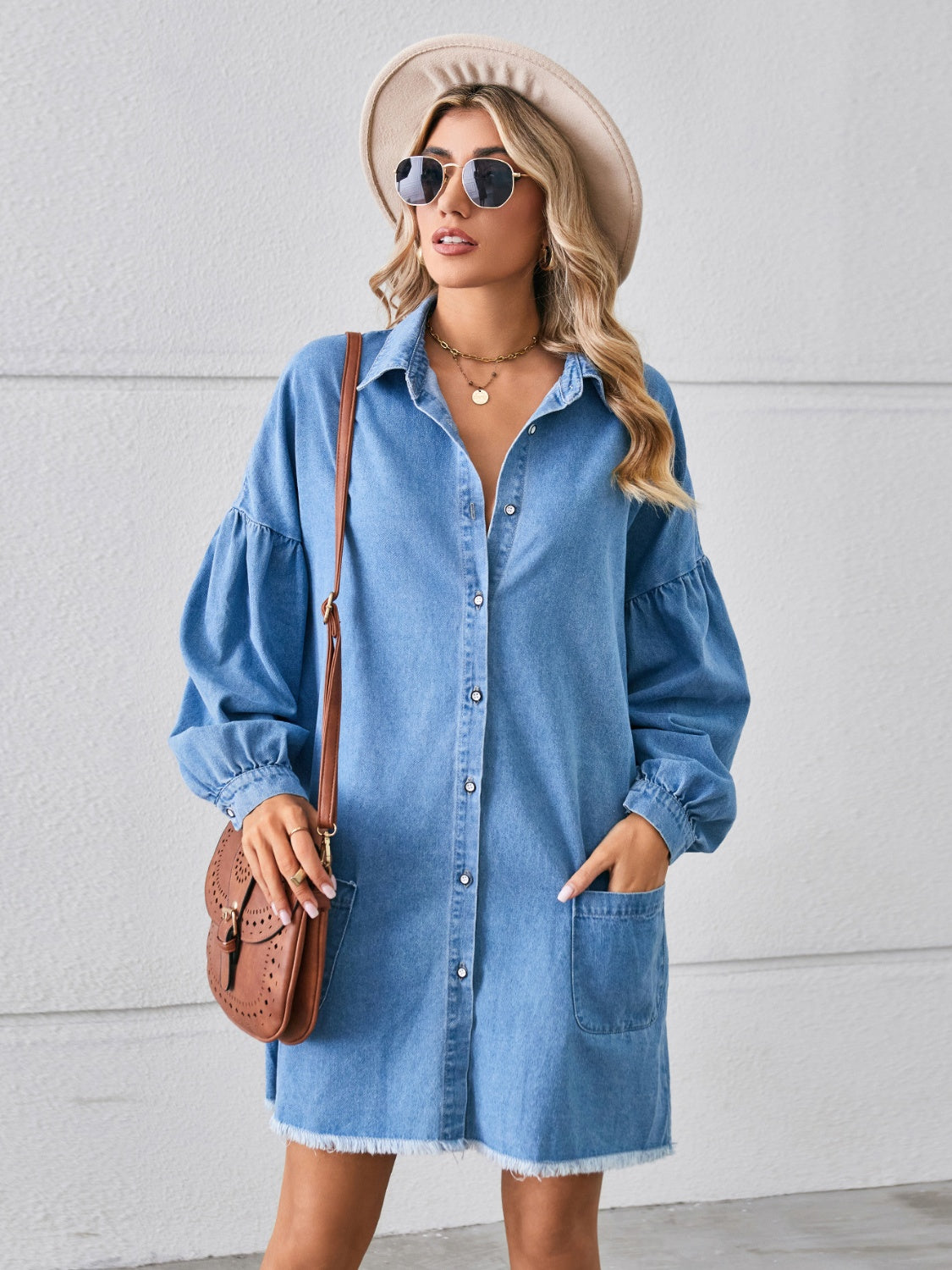 Aura Stylo - Button Up Pocketed Raw Hem Denim Dress