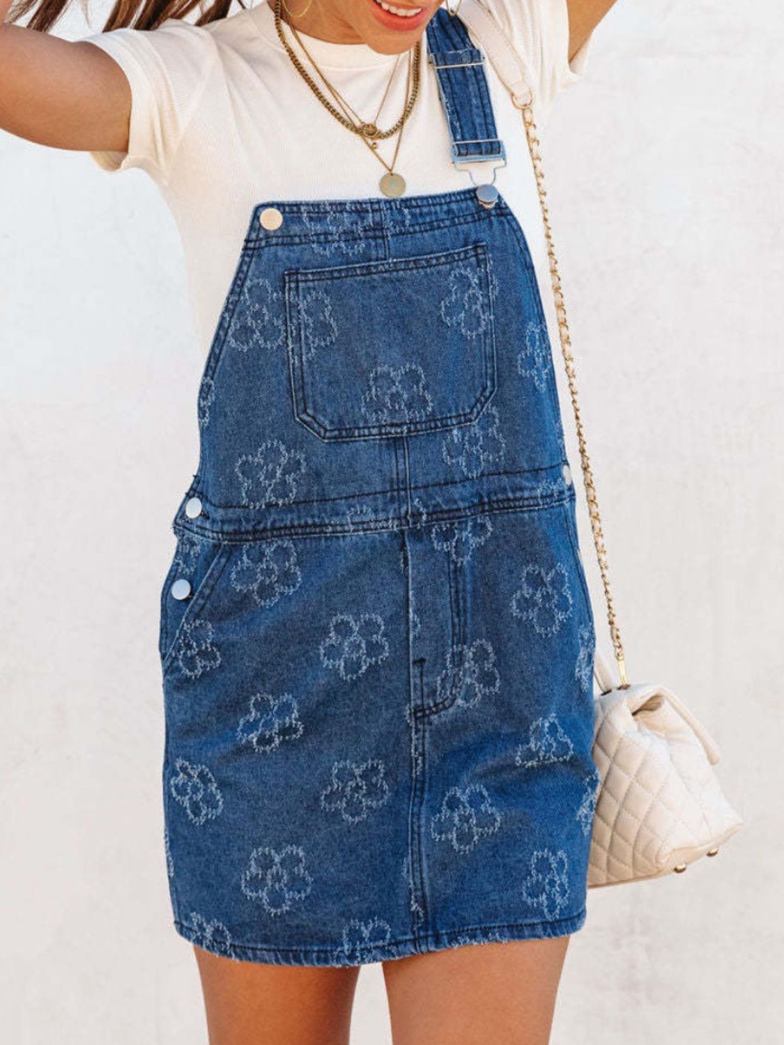 Aura Stylo - Flower Wide Strap Denim Overall Dress with Pockets