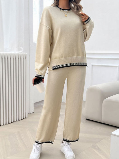 Devine Round Neck Dropped Shoulder Top and Pants Sweater Set