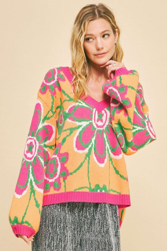 Davi &amp; Dani Floral Contrast V-Neck Dropped Shoulder Sweater