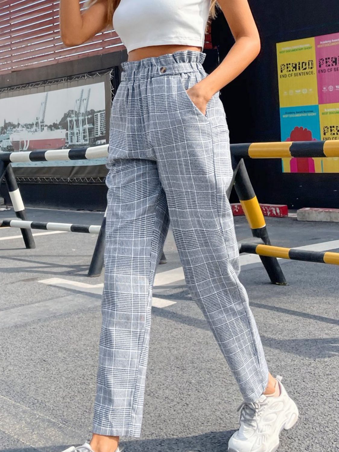 Aura Stylo - Plaid Elastic Waist Straight Pants