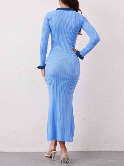 Aura Stylo - Contrast Trim Round Neck Long Sleeve Sweater Dress