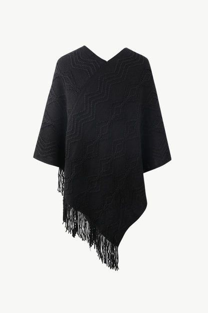 Pearl Trim V Neck Fringe Hem Poncho