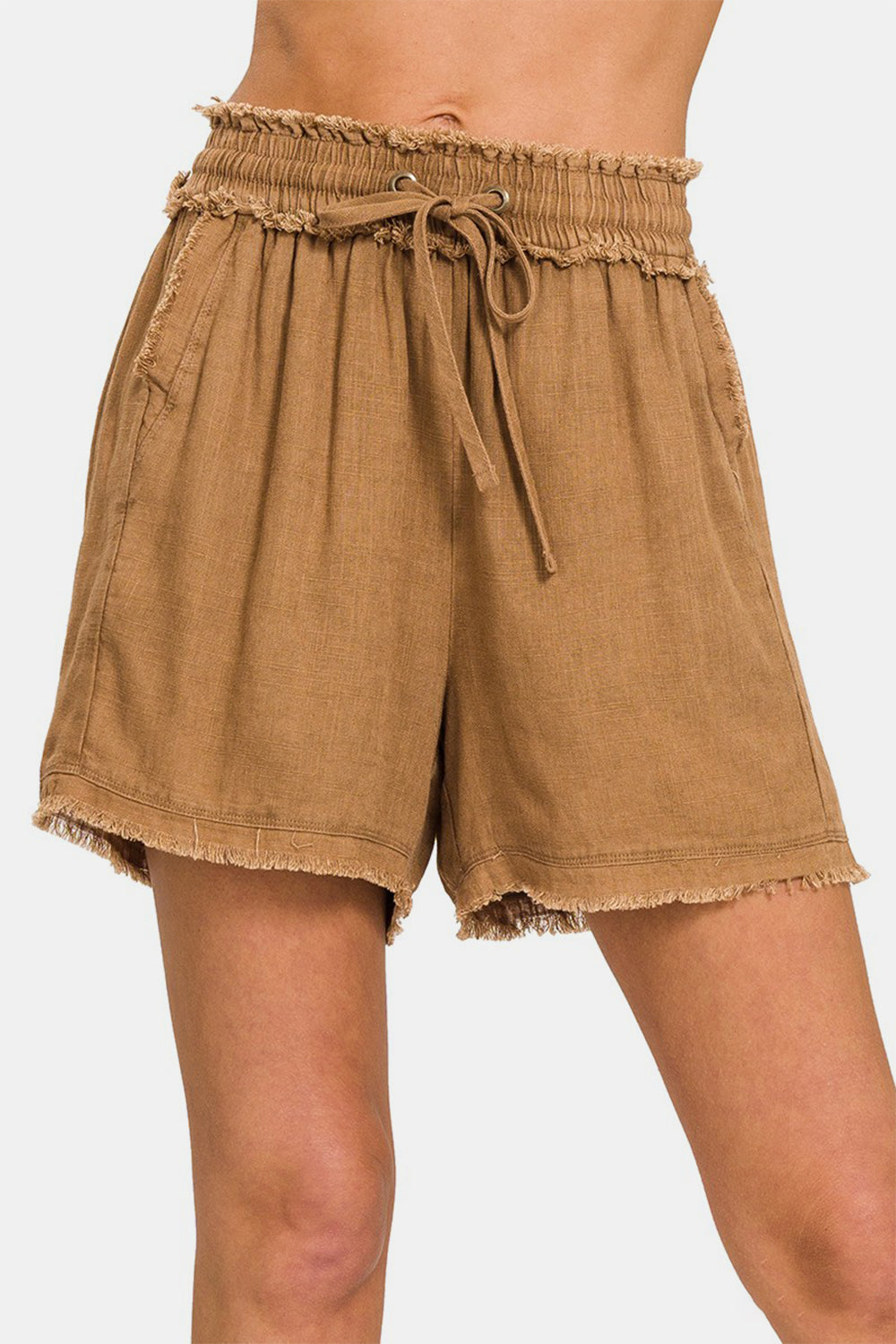 Aura Stylo - Zenana Washed Linen Frayed Hem Drawstring Shorts