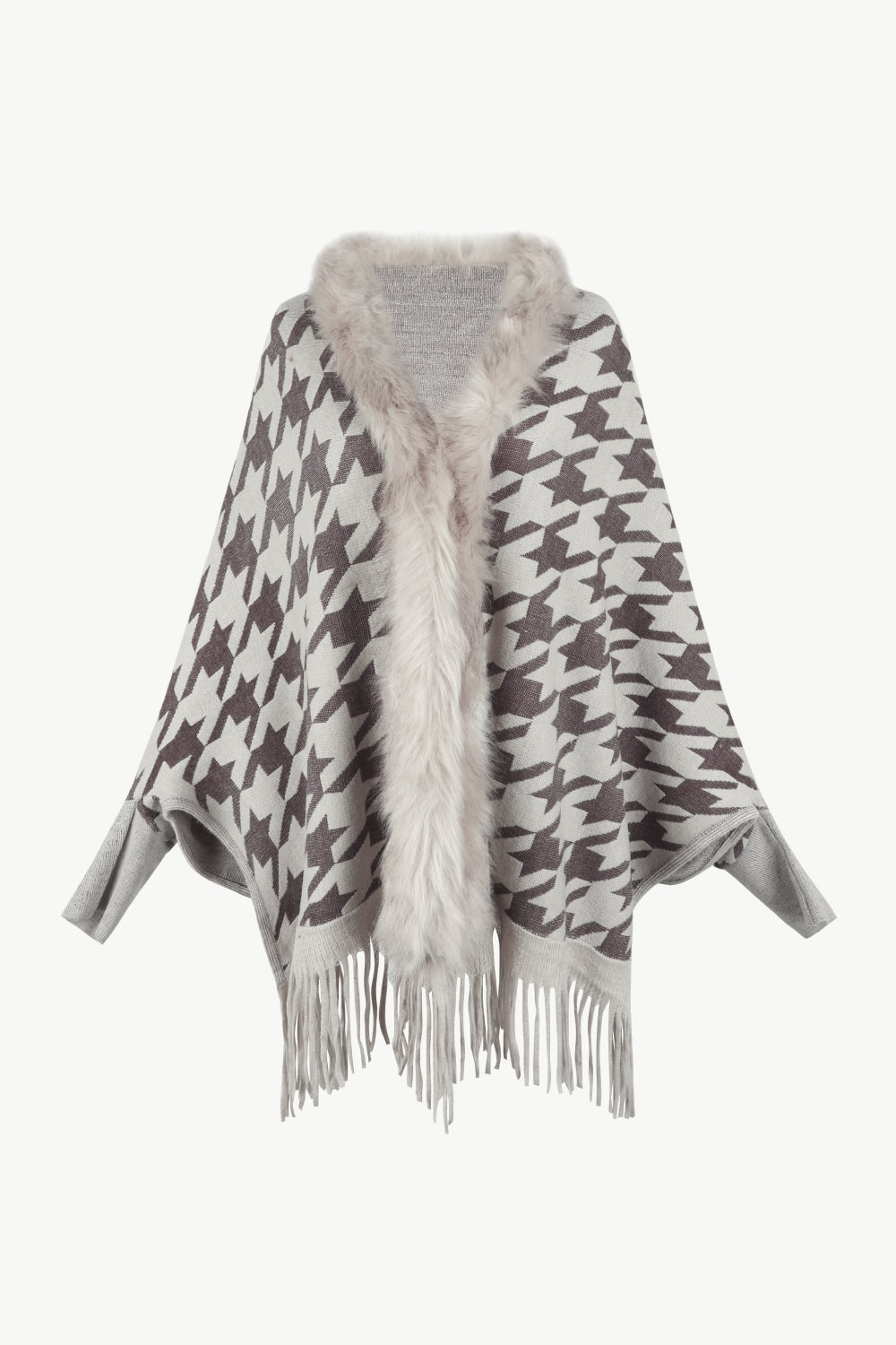 Chic Houndstooth Fringe Hem Poncho