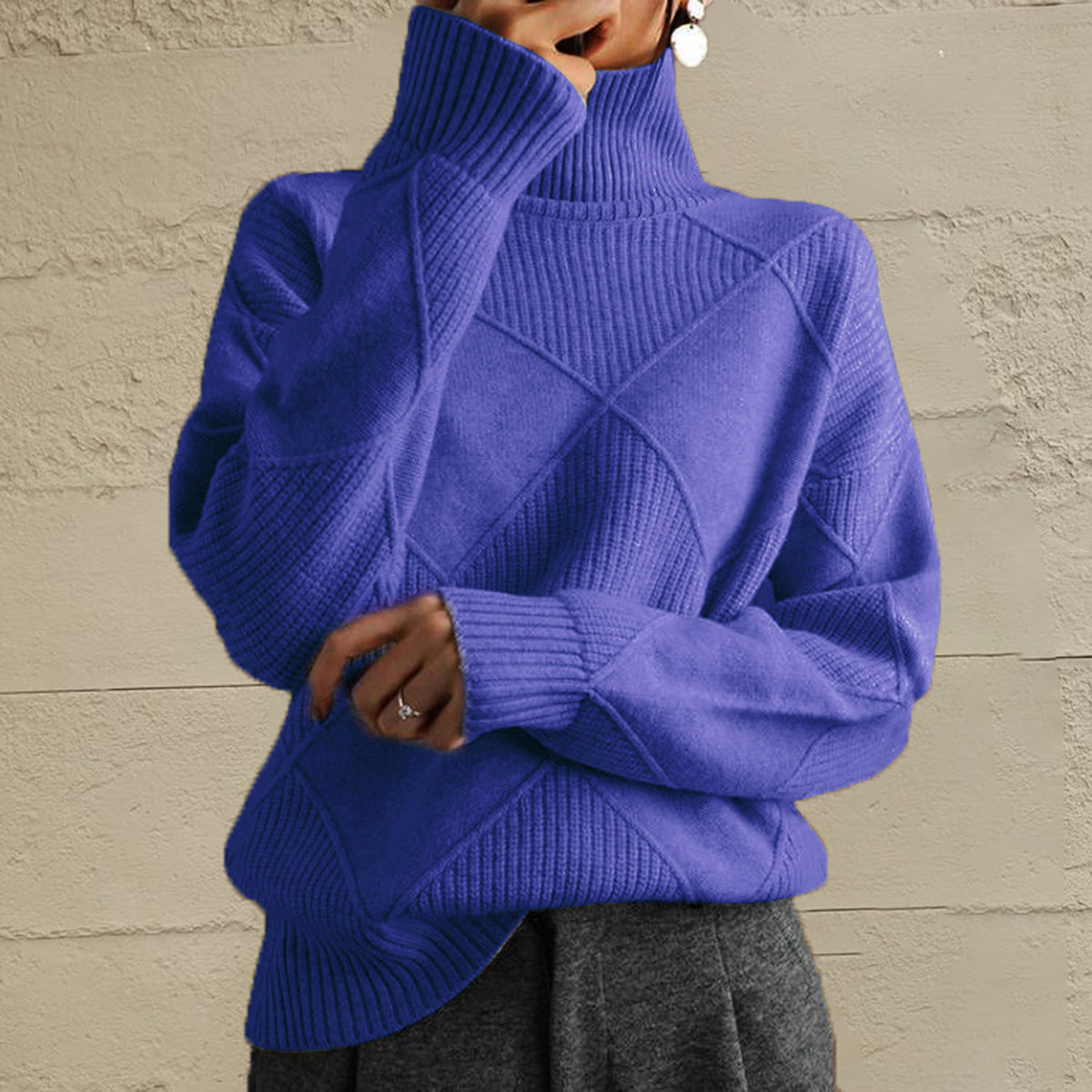  Geometric Turtleneck Long Sleeve Sweater