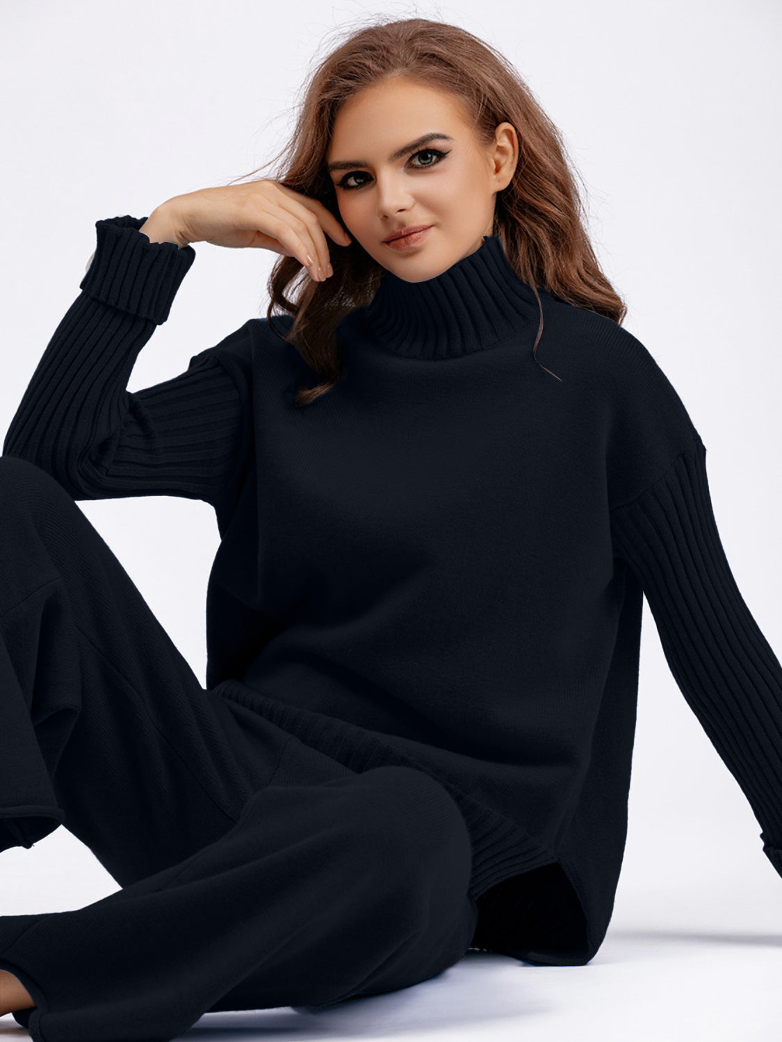 Aura Stylo - Basic Bae High- Low Turtleneck Long Sleeve Top and Pants Sweater Set