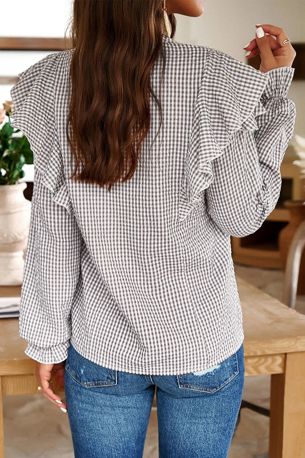 Aura Stylo - Ruffled Plaid Notched Flounce Sleeve Shirt