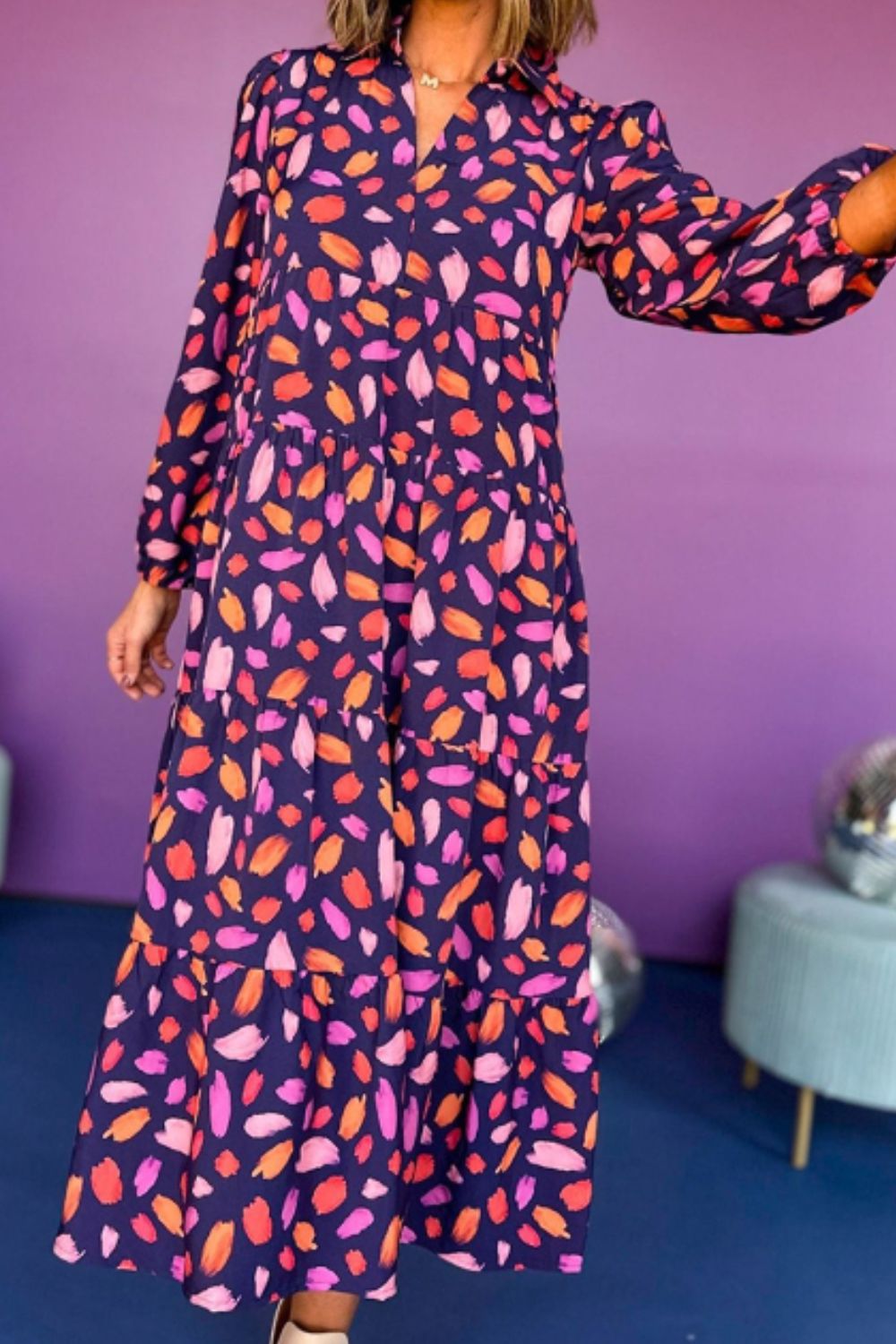 Aura Stylo - Printed Notched Long Sleeve Dress