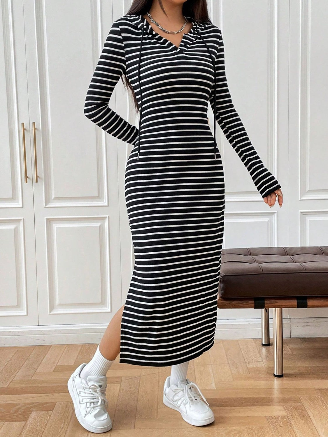 Aura Stylo - Drawstring Striped Long Sleeve Hooded Dress