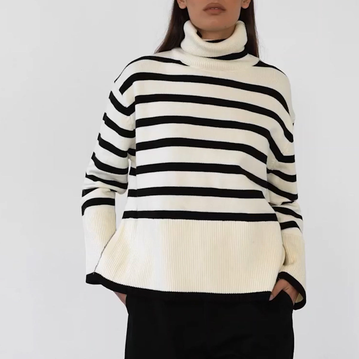 Aura Stylo - Striped Turtleneck Flare Sleeve Sweater