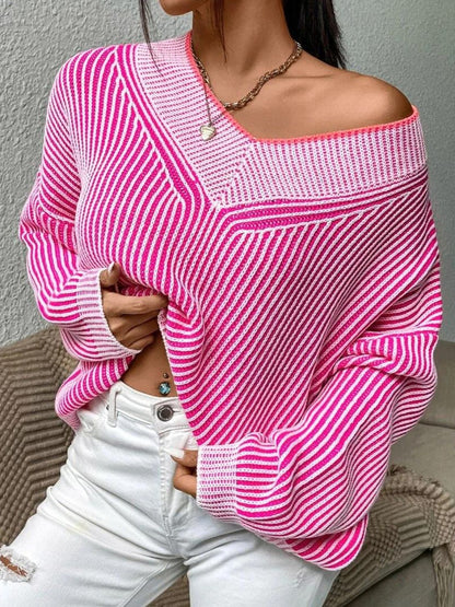 Aura Stylo - Striped V-Neck Long Sleeve Sweater