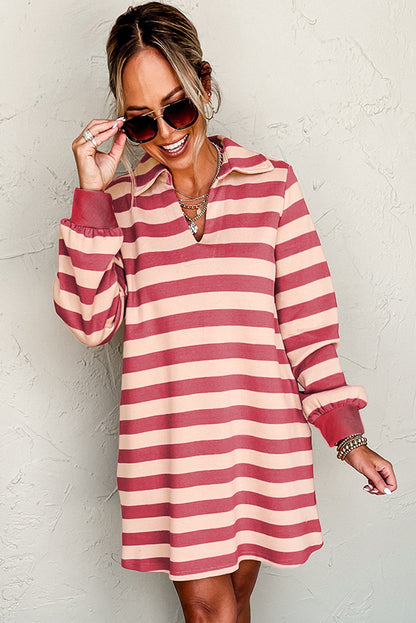 Aura Stylo - Contrast Striped Johnny Collar Long Sleeve Mini Dress