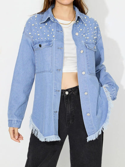 Raw Hem Pearl Trim Collared Neck Denim Top