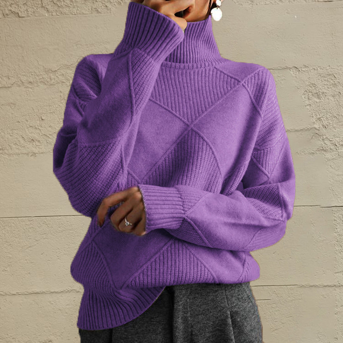  Geometric Turtleneck Long Sleeve Sweater