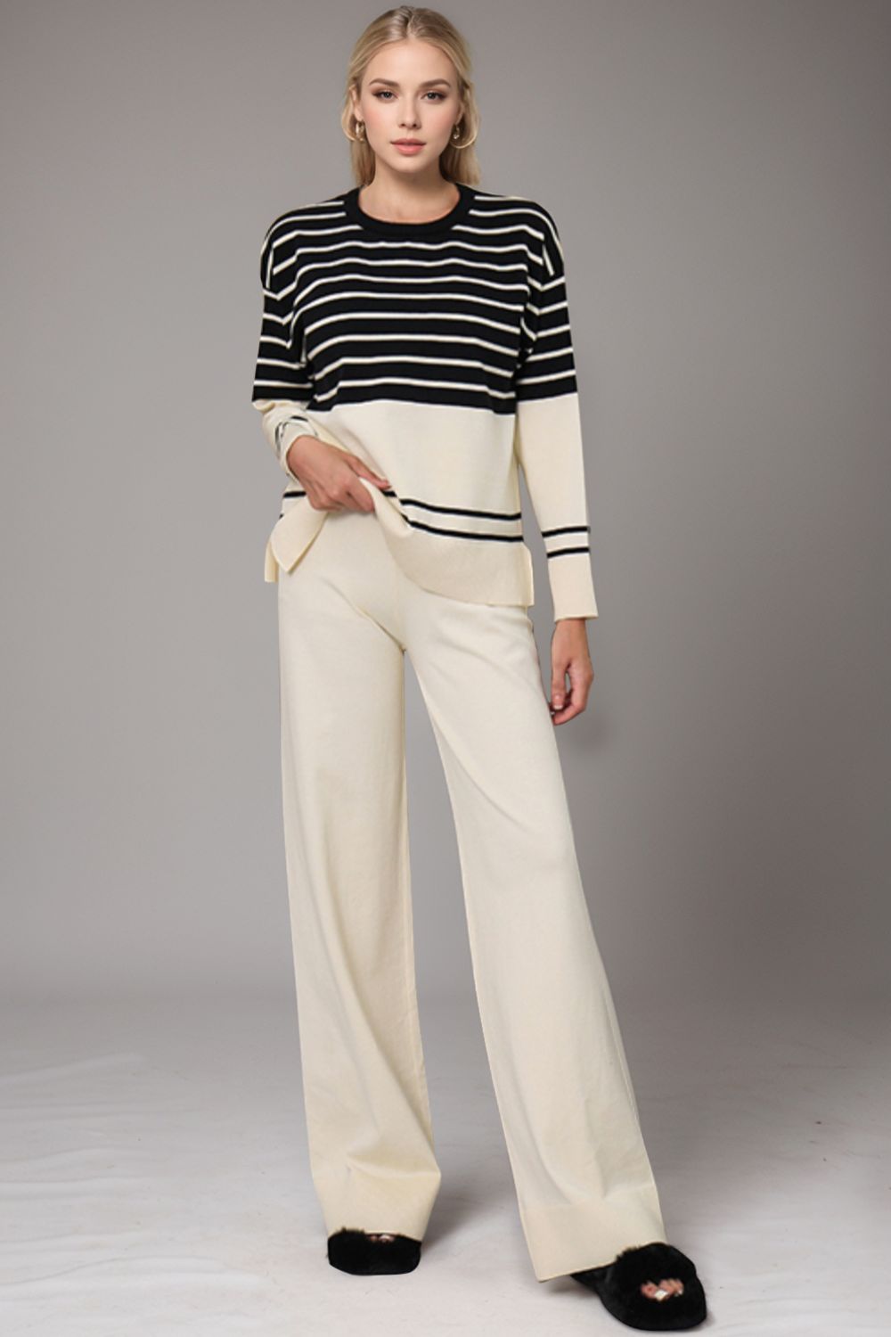 Bae Striped Round Neck Long Sleeve Top and Pants Sweater Set