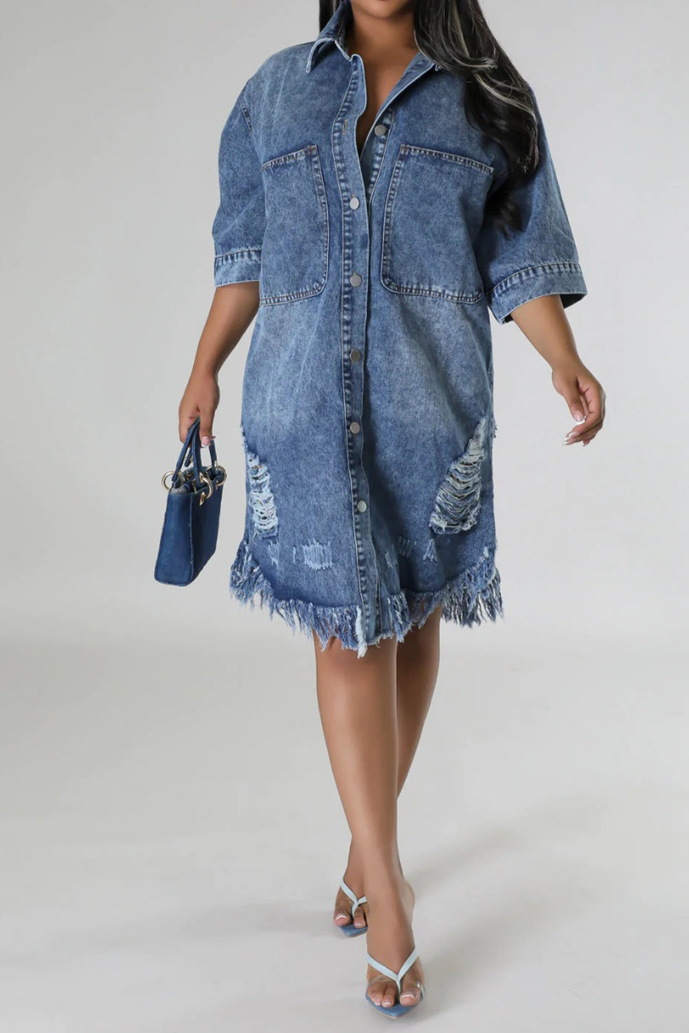 Aura Stylo - Distressed Raw Hem Button Up Denim Dress