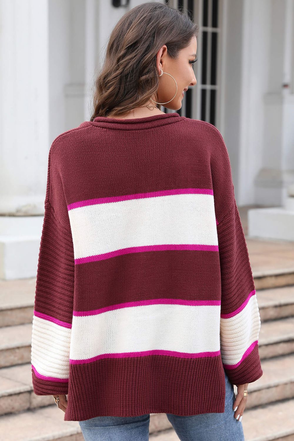 Aura Stylo - Angel Wings Striped Dropped Shoulder Side Slit Sweater