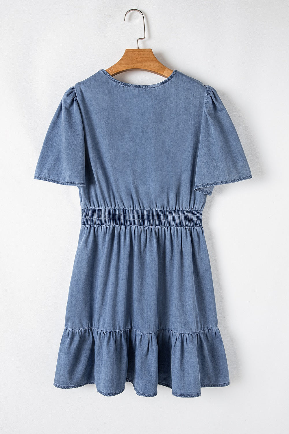 Aura Stylo - Ruffled Hem Smocked Flutter Sleeve Denim Mini Dress