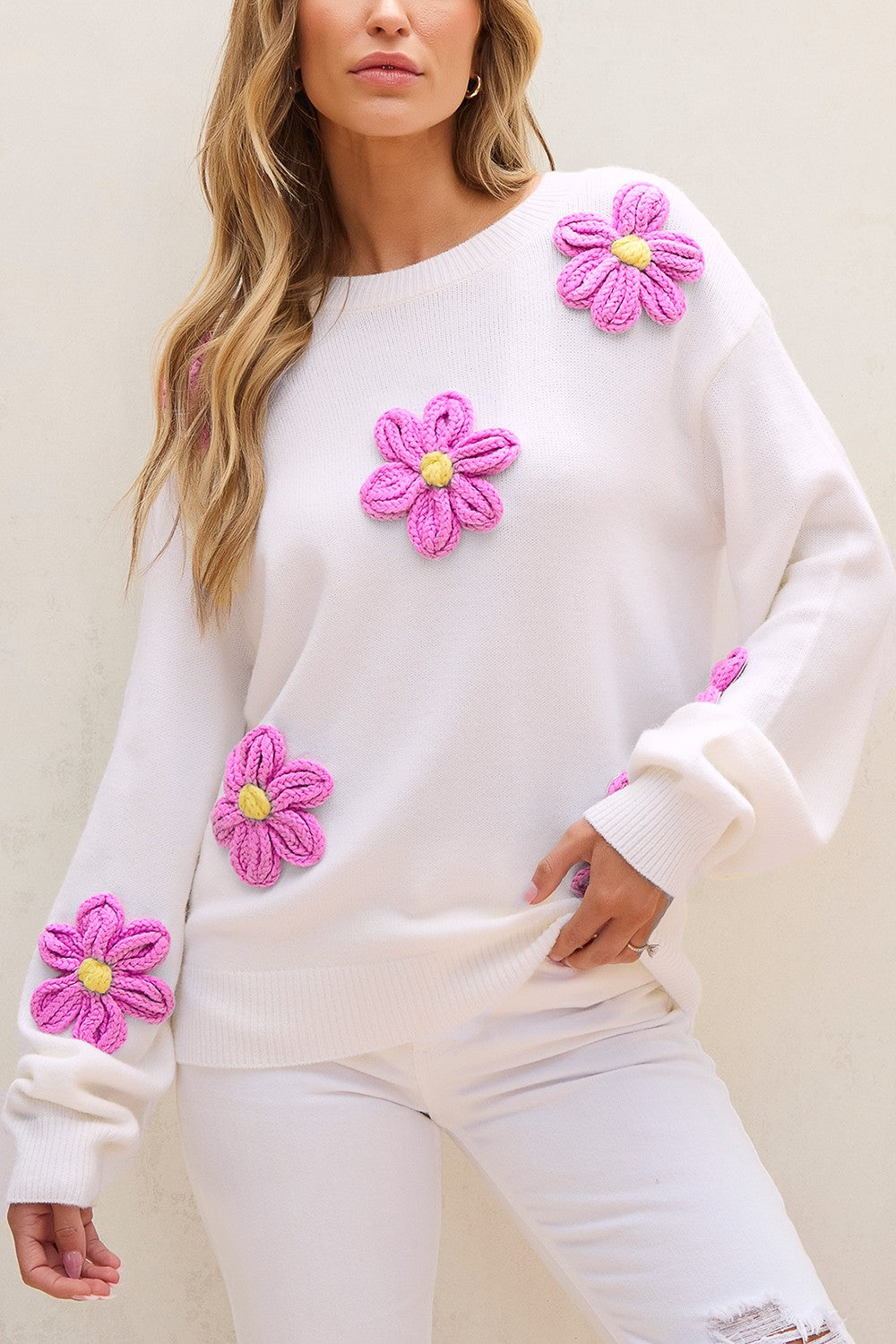  Crochet Flower Round Neck Long Sleeve Sweater