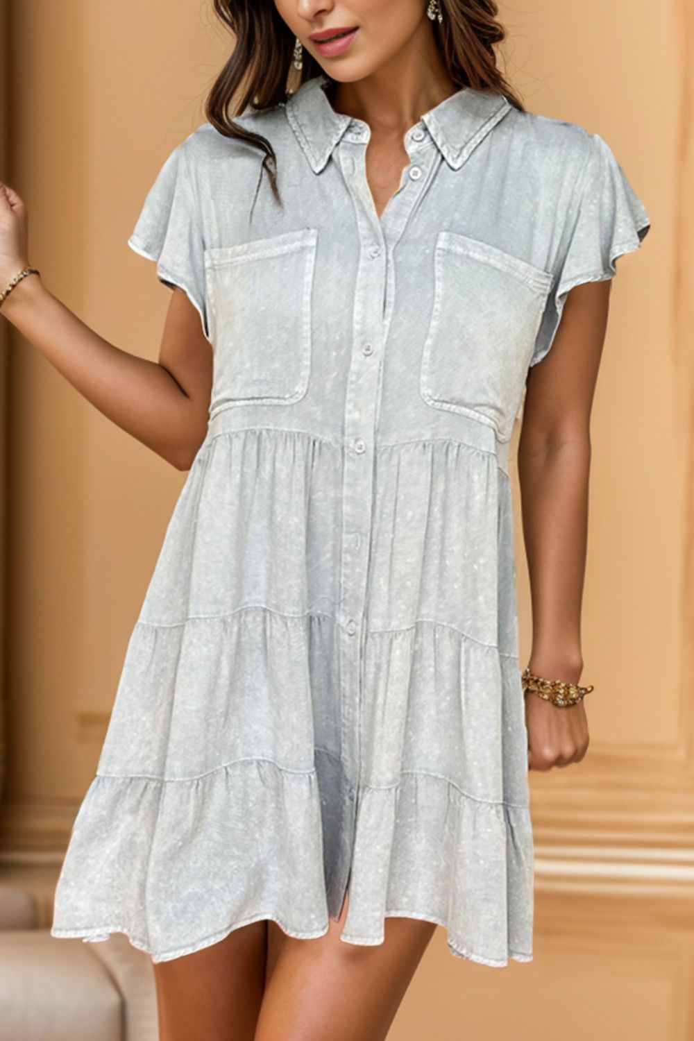 Aura Stylo - Button Up Cap Sleeve Denim Dress