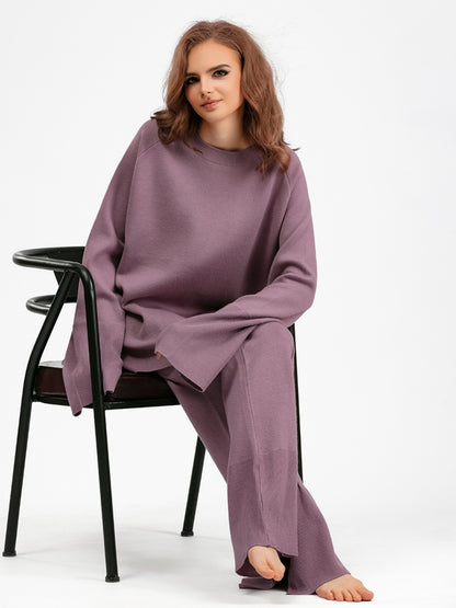 Aura Stylo - Basic Bae Slit Round Neck Long Sleeve Top and Drawstring Pants Sweater Set