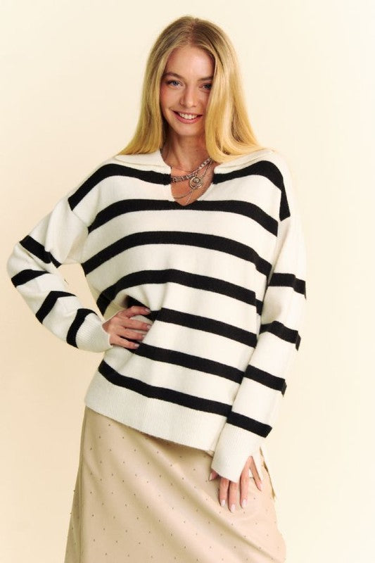 Davi &amp; Dani High-Low Side Slit Striped Johnny Collar Sweater