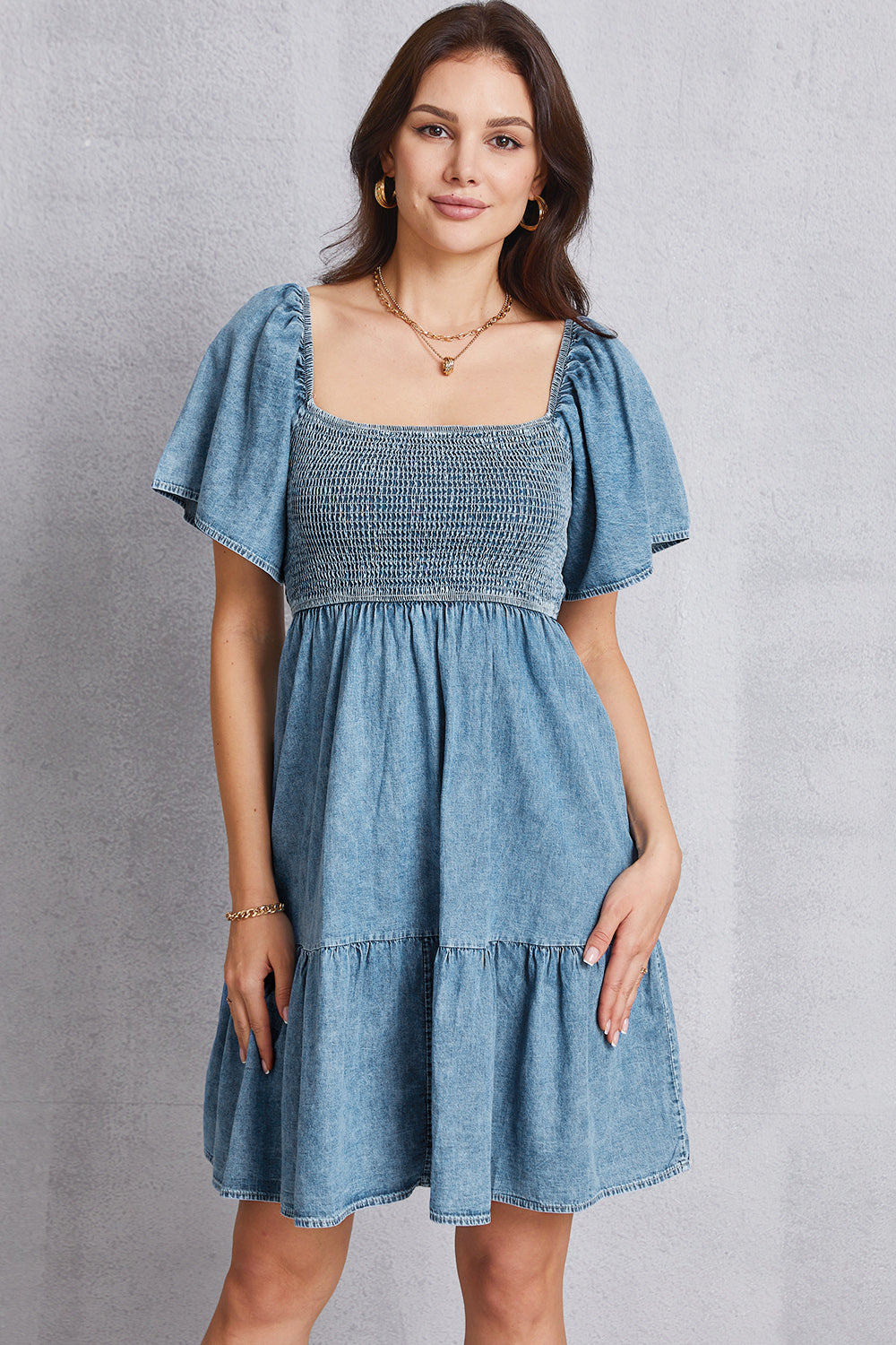 Aura Stylo - Smocked Square Neck Mini Denim Dress