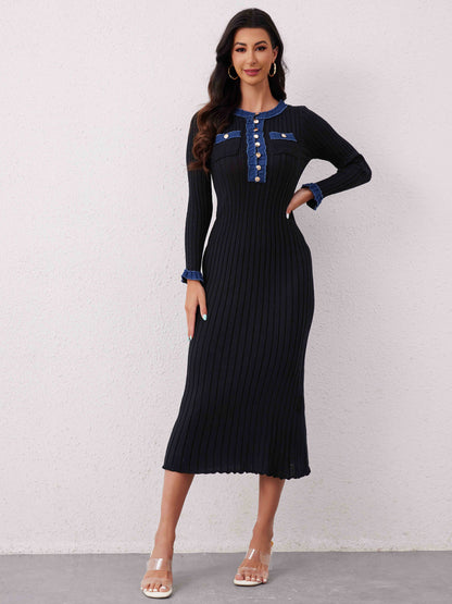 Aura Stylo - Contrast Trim Round Neck Long Sleeve Sweater Dress