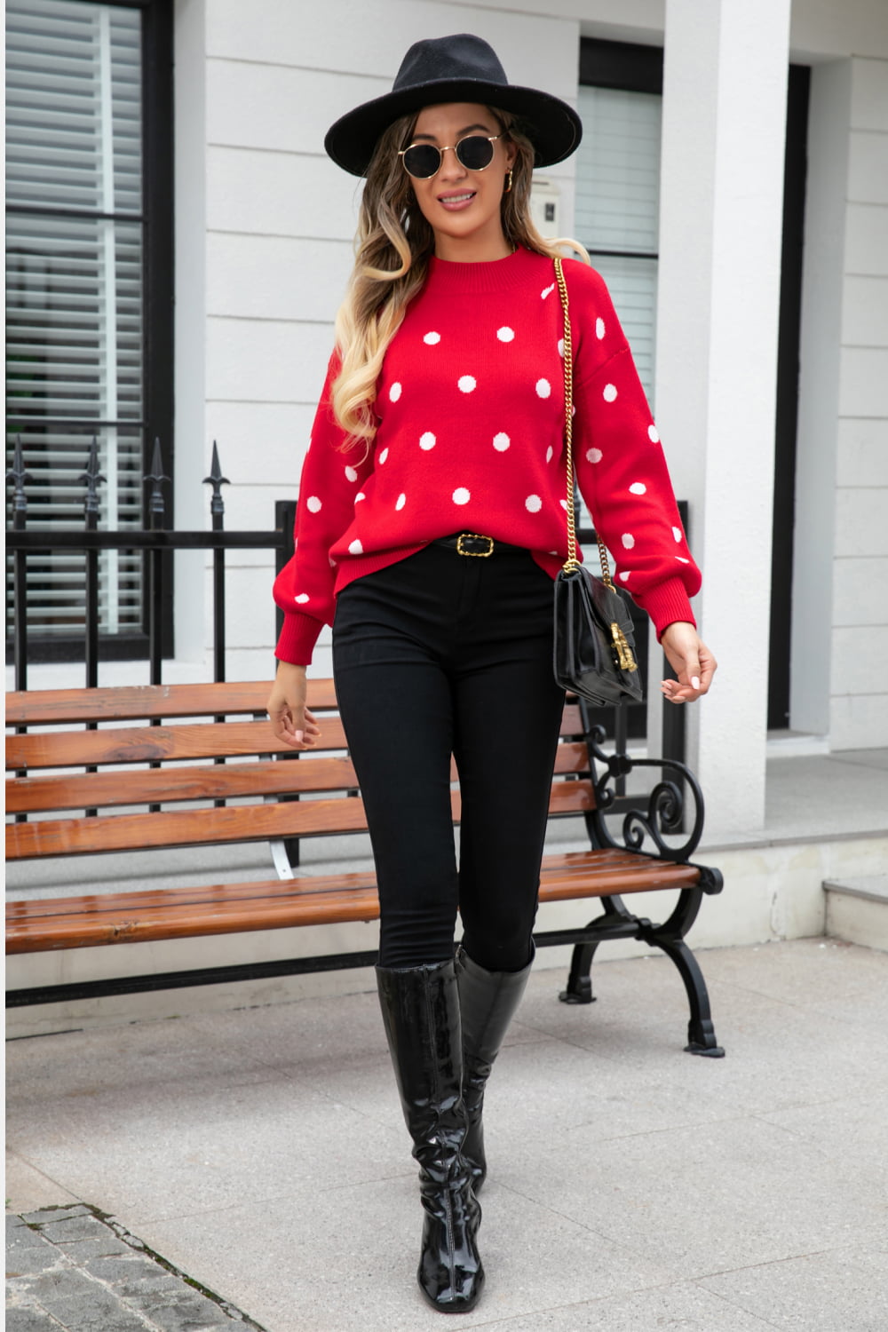 Aura Stylo - Angel Wings Woven Right Polka Dot Round Neck Dropped Shoulder Sweater