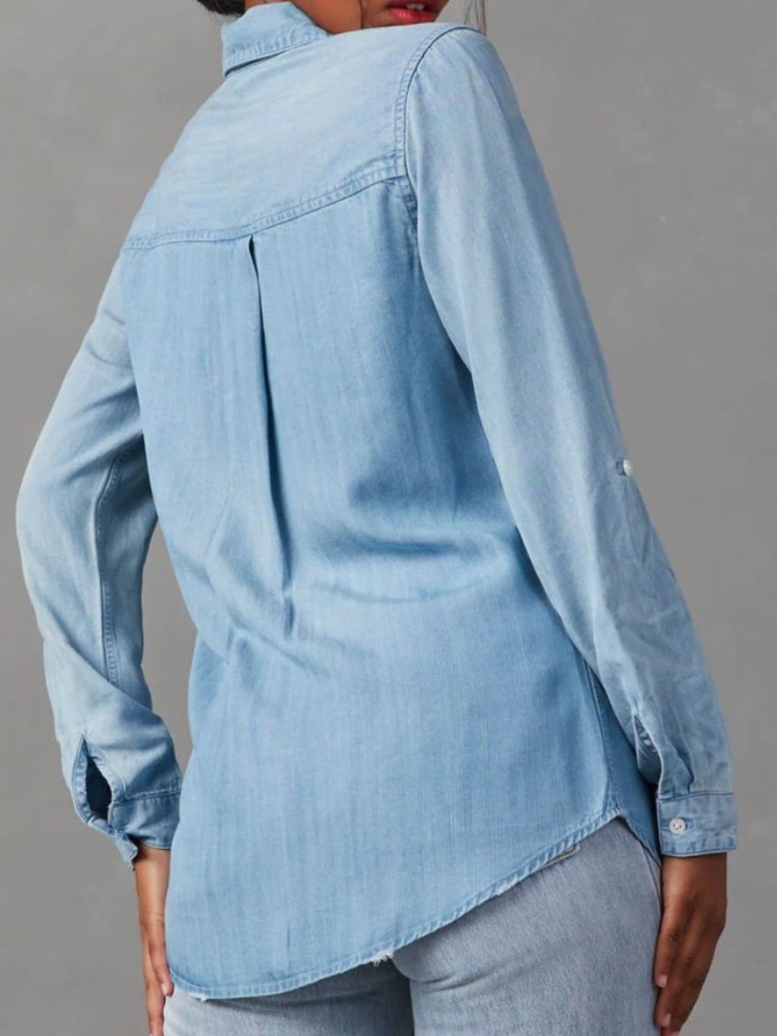 Collared Neck Roll Tab Sleeve Denim Top