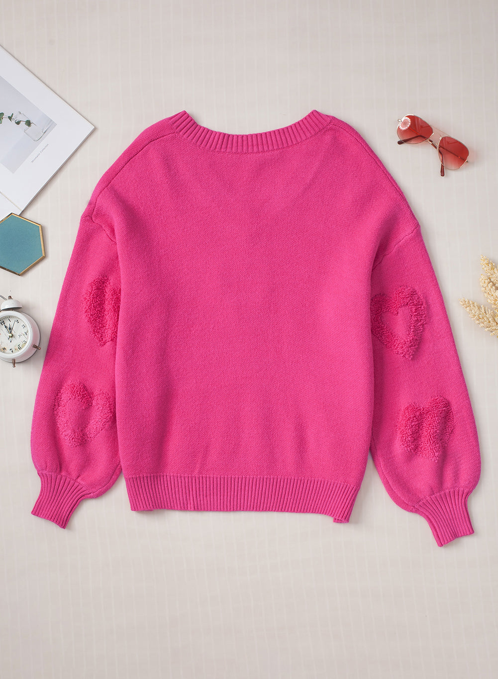 Aura Stylo - Pearl Trim Heart V-Neck Sweater