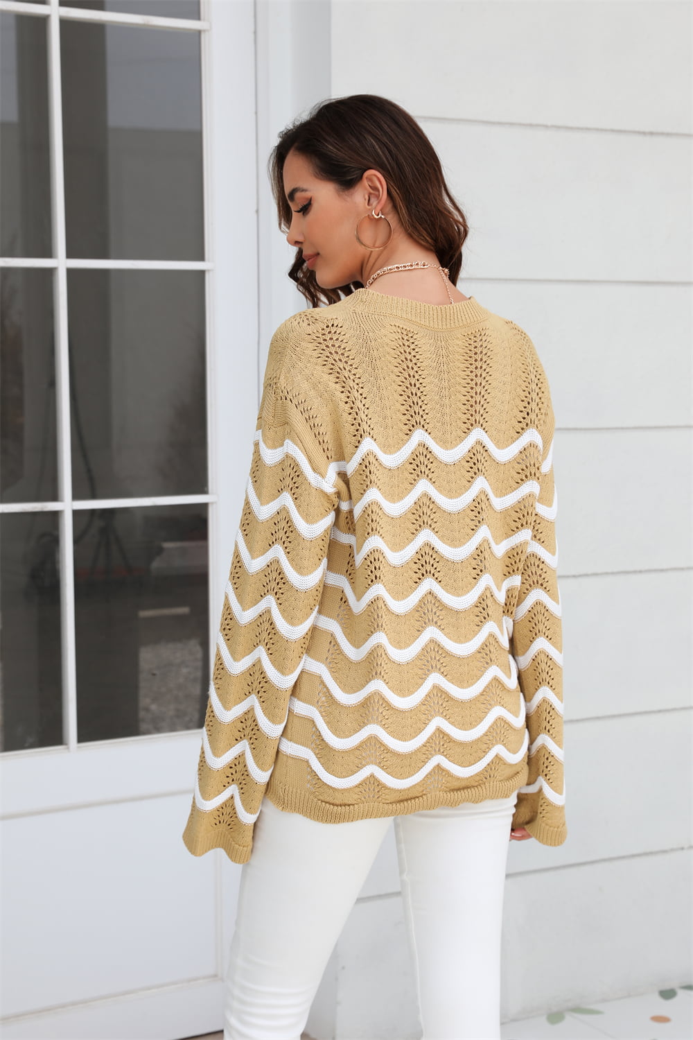 Aura Stylo - Angel Wings Wave Pattern Round Neck Long Sleeve Sweater