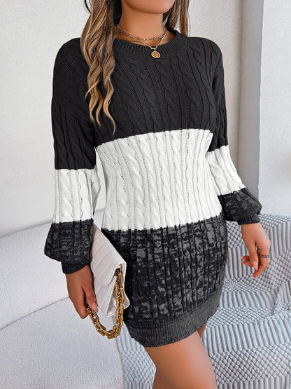 Aura Stylo - Cable-Knit Round Neck Color Block Sweater Dress